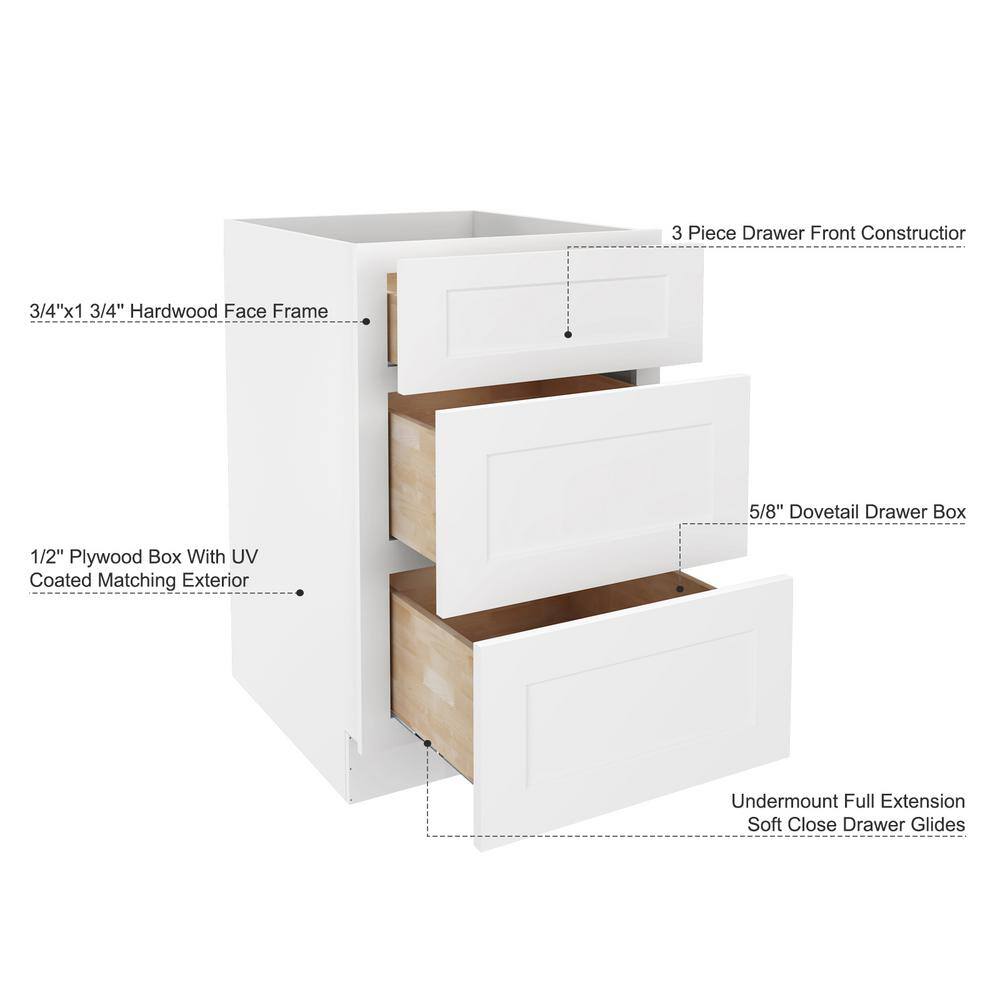 HOMEIBRO 24 in. W x 24 in. D x 34.5 in. H in Shaker White Plywood Ready to Assemble Floor Base Kitchen Cabinet with 3 Drawers HD-SW-3DB24-A