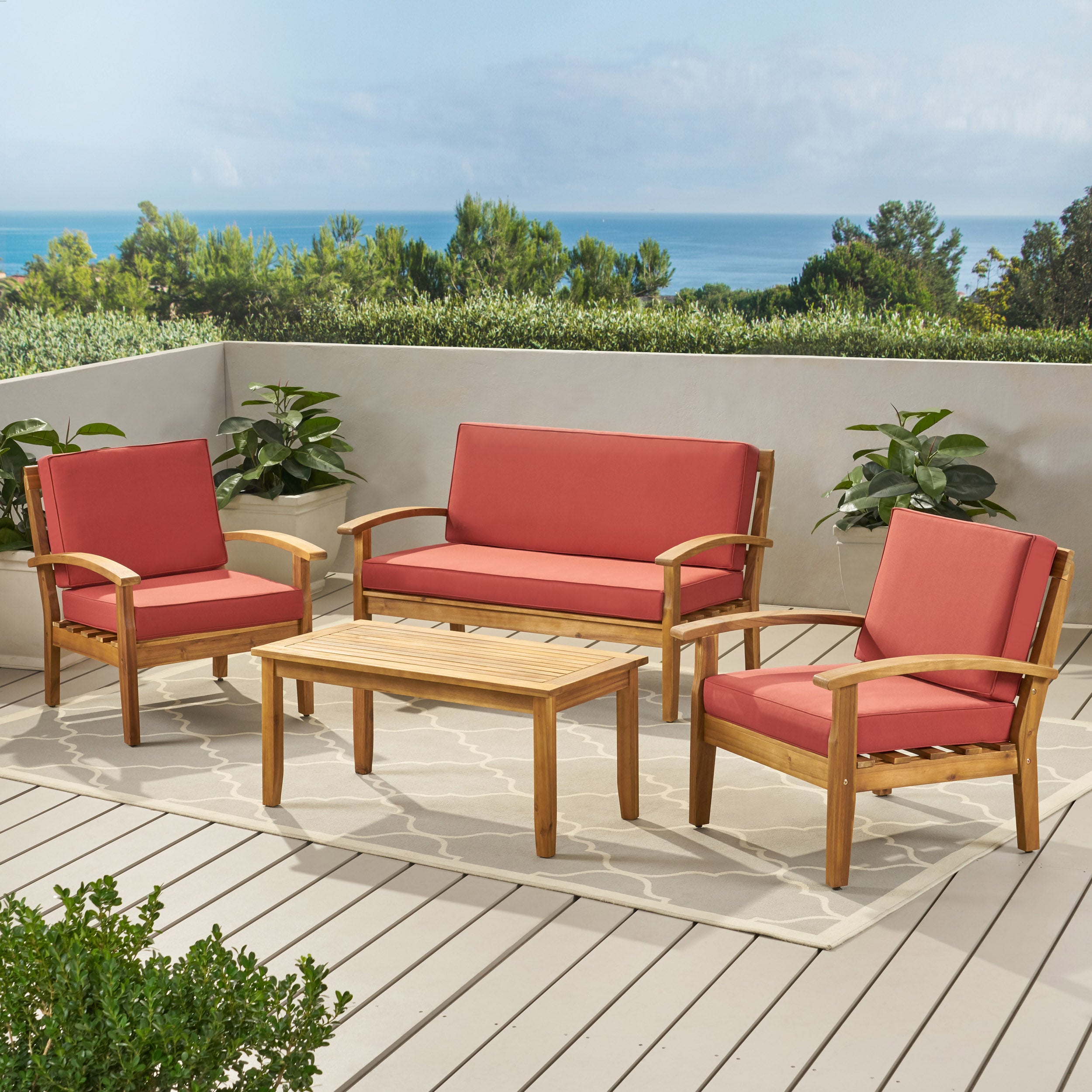 Peyton 4 Pc Acacia Wood Chat Set w/ Water Resistant Cushions