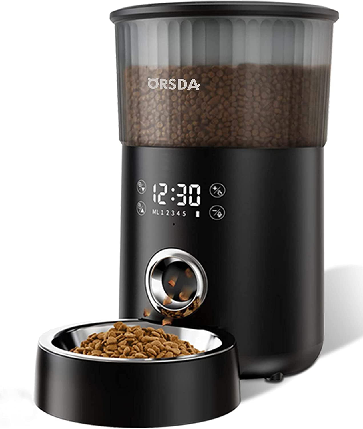 ORSDA Automatic Cat Feeder， 135oz/4L Dog Feeder Pet Food Dispenser with Programmable Timer， Portion Control 1-5 Meals Per Day， Dual Power Supply and Voice Recorder for Small to Medium Cats Dogs (Black)