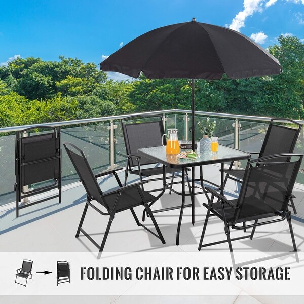 6 Piece Folding Patio Dining Set，Small Metal Outdoor Garden Patio Table and Chair Set w/Umbrella for Lawn，Deck，Backyard，Black