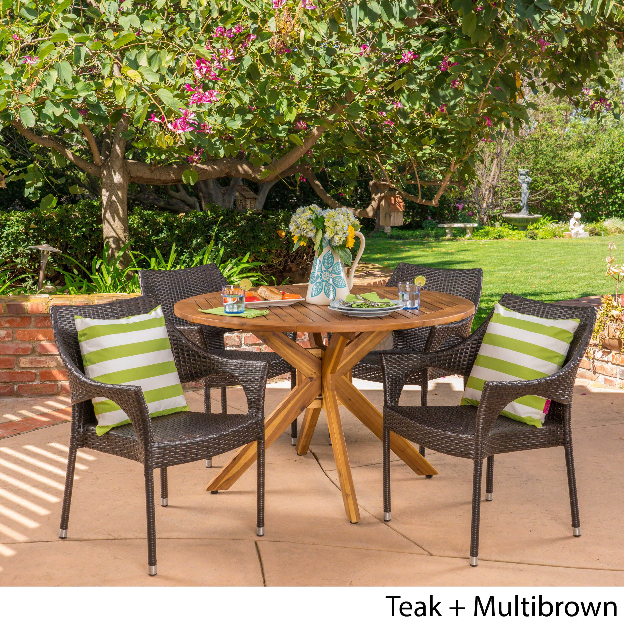 Pirav Outdoor 5 Piece Multibrown Wicker Dining Set with Teak Finish Circular Acacia Wood Dining Table