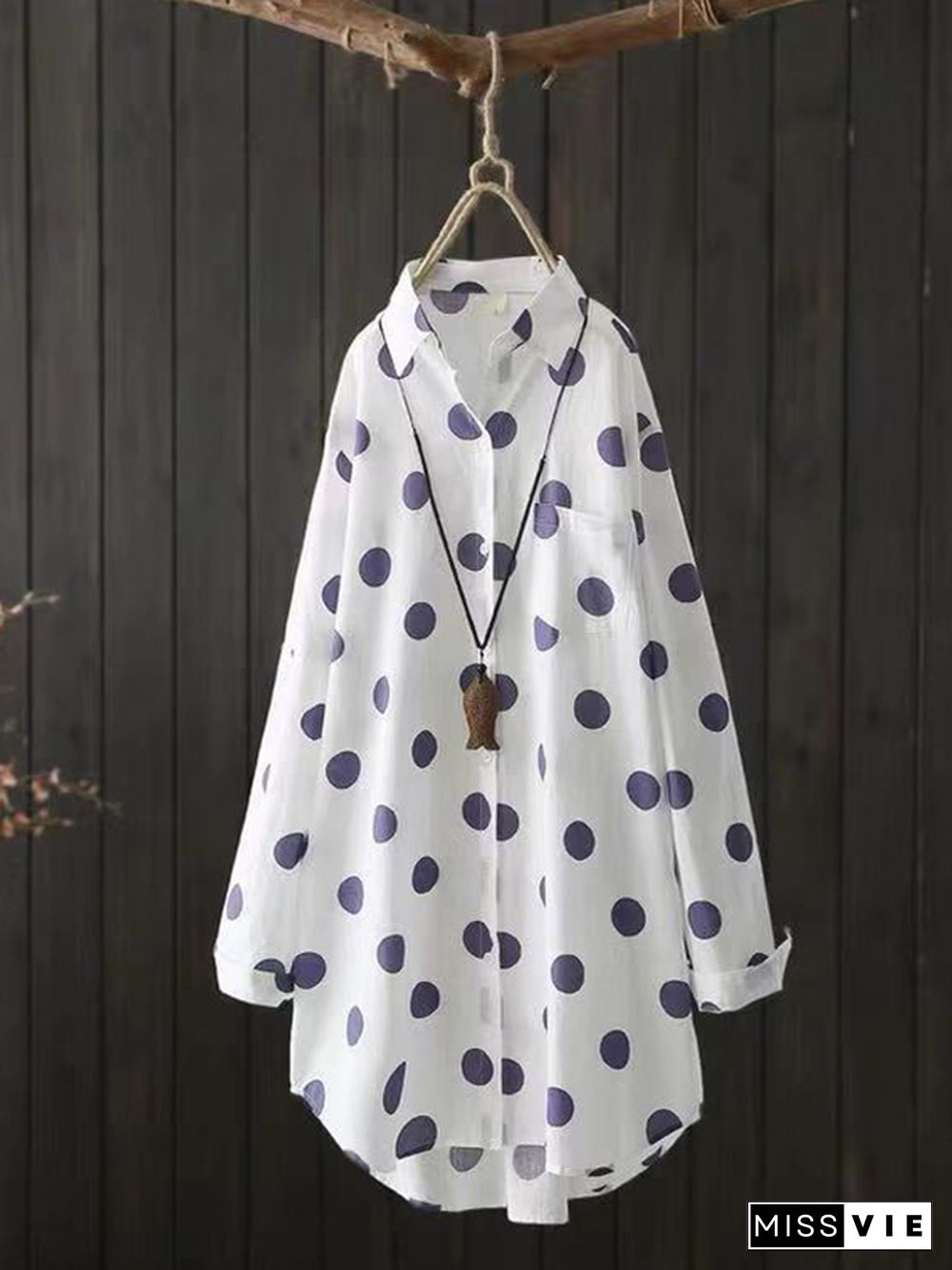 High-Low Long Sleeves Polka-Dot Lapel Shirts Tops