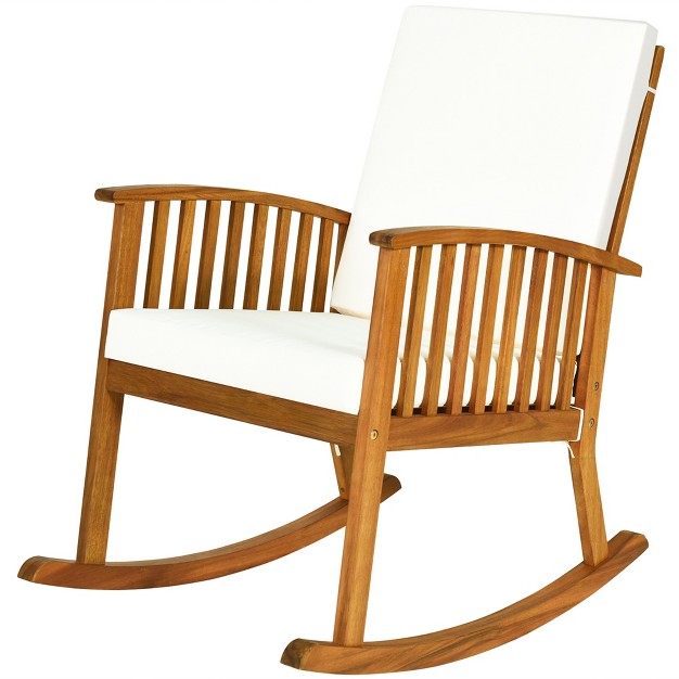 Costway Acacia Wood Rocking Chair Patio Garden Lawn W Cushion