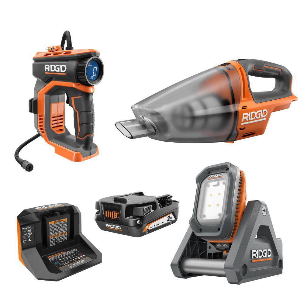 RIDGID 18V Brushless Cordless 2-Tool Combo Kit with Mat Light Digital Inflator Battery Charger and Hand Held Vacuum R8694620KSBN-R87044-R8609021B