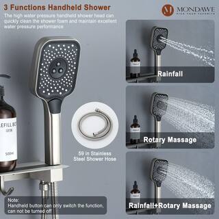 Mondawe Andalusia Multiple 7-Spray Patterns 12 in. Ceiling Mount Rain Dual Shower Heads with 2.5 GPM 3-Jet Valve in Nickel MD6067-BN