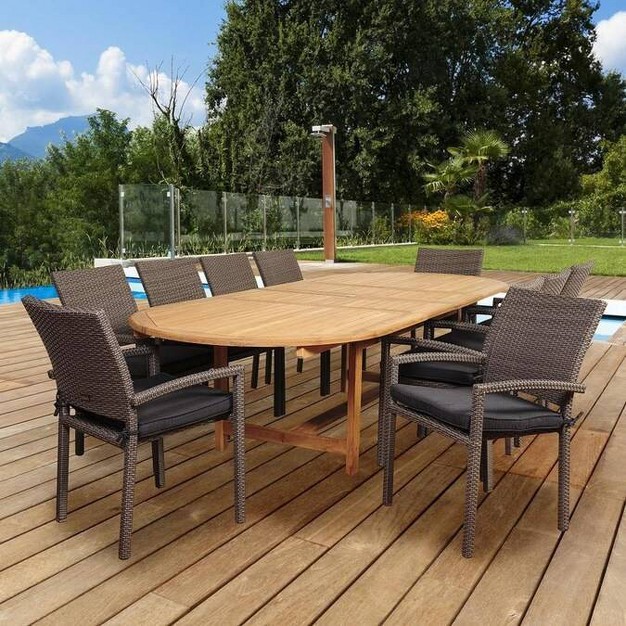 City Villa 11pc Patio Teak Wood Wicker Double extendable Oval Dining Set International Home Miami