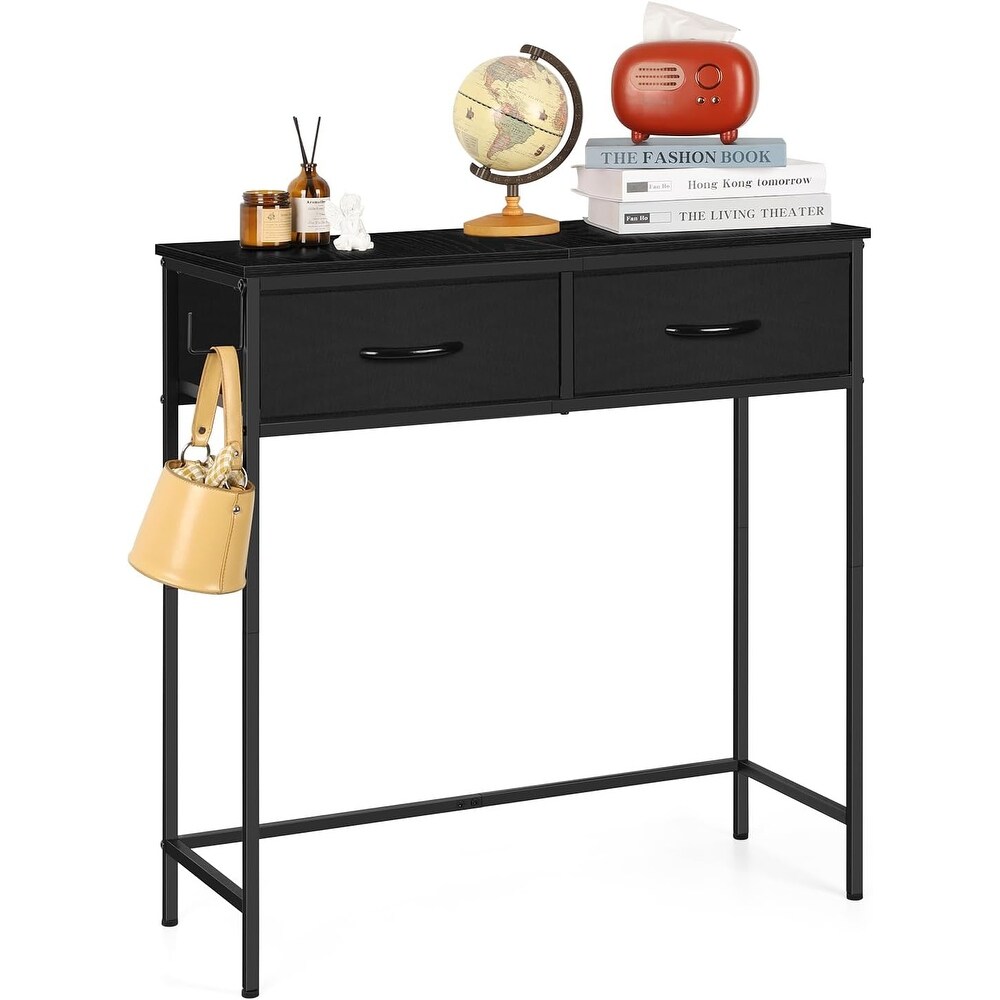 Narrow Modern Sofa Table with Hooks and Fabric Drawers Console Table