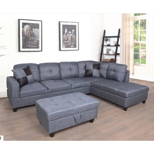 3PC Sectional Sofa Linen Right-Facing Chaise with Storage Ottoman Gray