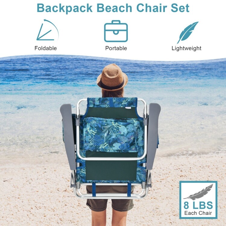 2 Packs 5 Position Outdoor Folding Backpack Beach Table Chair Reclining Chair Set   23.5\