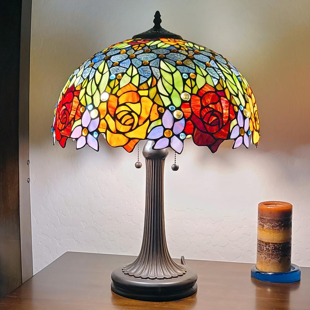 23" Stained Glass Two Light Jeweled Flowery Accent Table Lamp