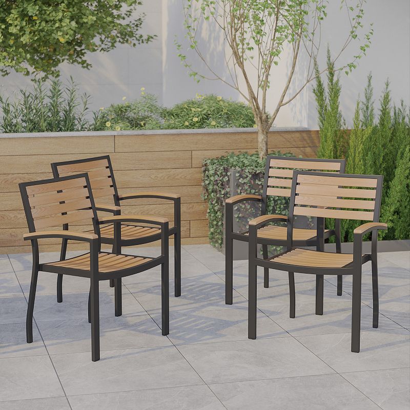 Emma and Oliver Set of 4 Stackable All-Weather Black Aluminum Patio Chairs with Faux Teak Slats