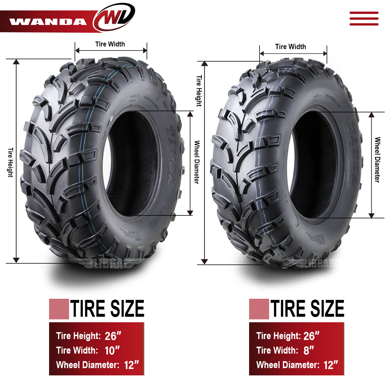 Set of 4 WANDA ATV/UTV Tires 26x8-12 26x8x12 Front and 26x10-12 26x10x12 Rear /6PR - 10257/10258