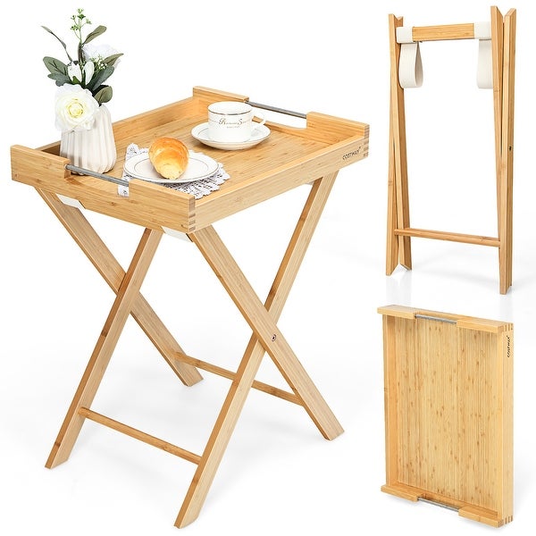 Costway Bamboo Lipped Snack Side Table Multi Functional Folding TV - 18.5'' x 15'' x 23''