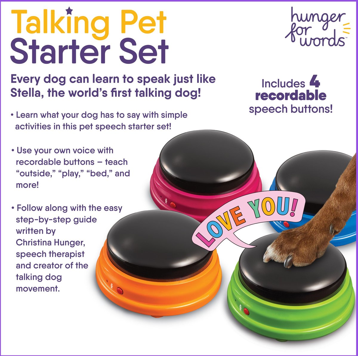 Hunger for Words Talking Pet Buttons Starter Set – 4 pack Recordable Buttons for Dog Communication