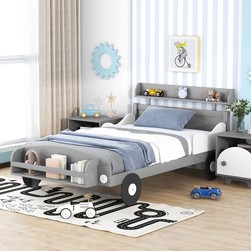 Twin or Full Size Car Shaped Platform Bed  Kids Bed with Storage Shelf and Bookshelf  Funny Bed Frame