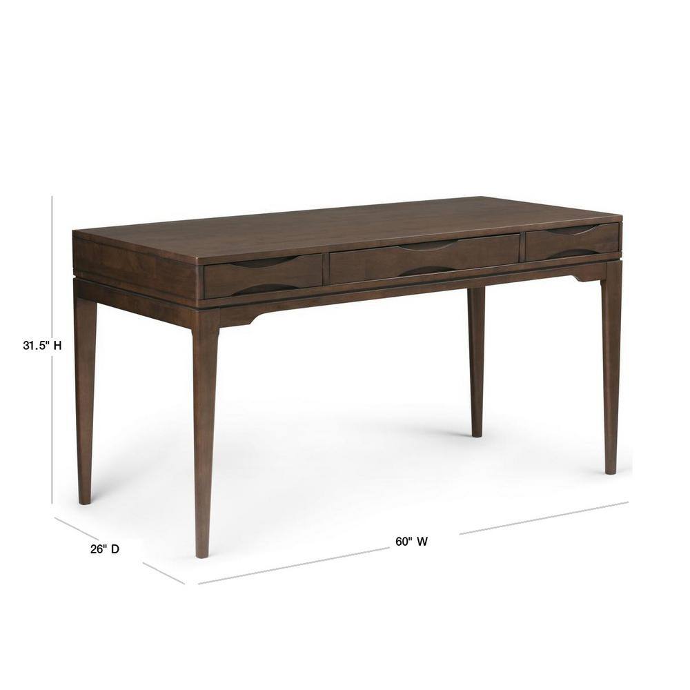 Simpli Home Harper Solid Hardwood Mid-Century Modern 60 in. Wide Writing Office Desk in Walnut Brown 3AXCHRP-10