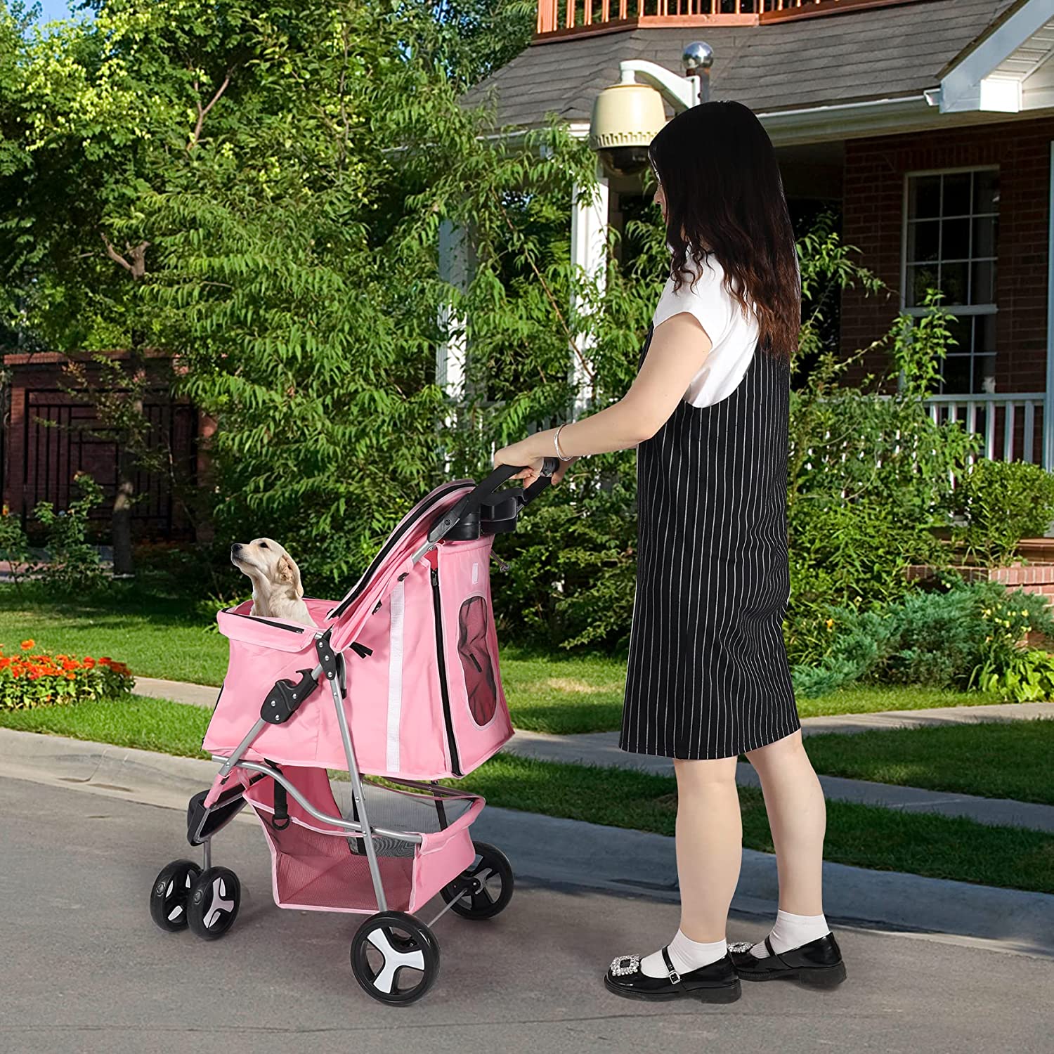 Lineslife 3 Wheels Pet Stroller， Foldable Carrier Strolling Cart for Small Medium Dogs and Cats， Pink