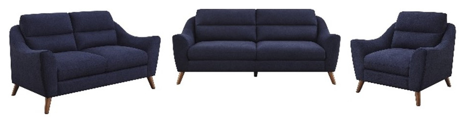 Coaster 3 Piece Mid Century Sloped Arm Upholstered Fabric Sofa Set in Blue   Midcentury   Living Room Furniture Sets   by Homesquare  Houzz