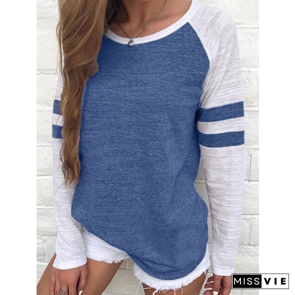 XS-8XL Autumn and Winter Tops Plus Size Fashion Clothes Women's Casual Loose T-shirts Striped Blouses Ladies O-neck Block Color Cotton Pullover Sweatshirts Long Sleeve Tee Shirts