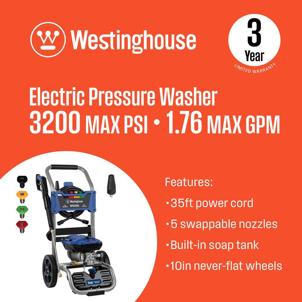 Westinghouse WPX3200e PSI 1.76 GPM 13 Amp Cold Water Electric Pressure Washer with Turbo Nozzle and Quick Connect Tips WPX3200e