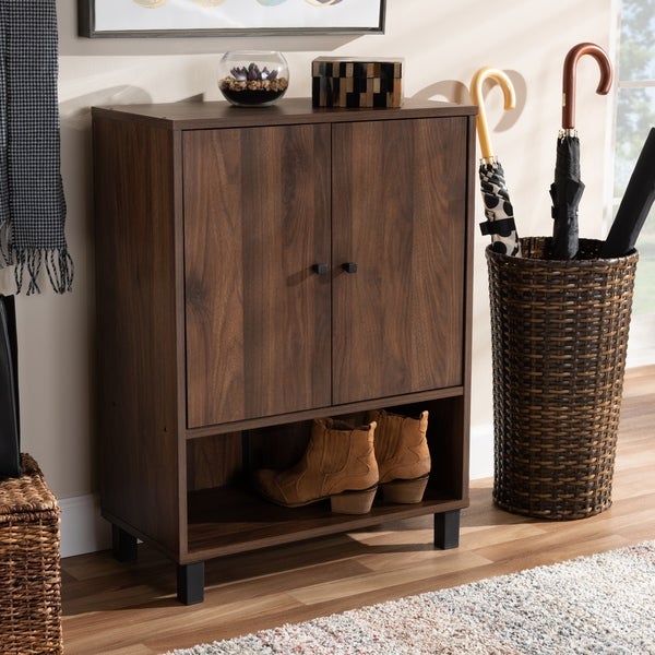 Modern and Contemporary Walnut Brown 2-Door Shoe Storage Cabinet - - 27147069