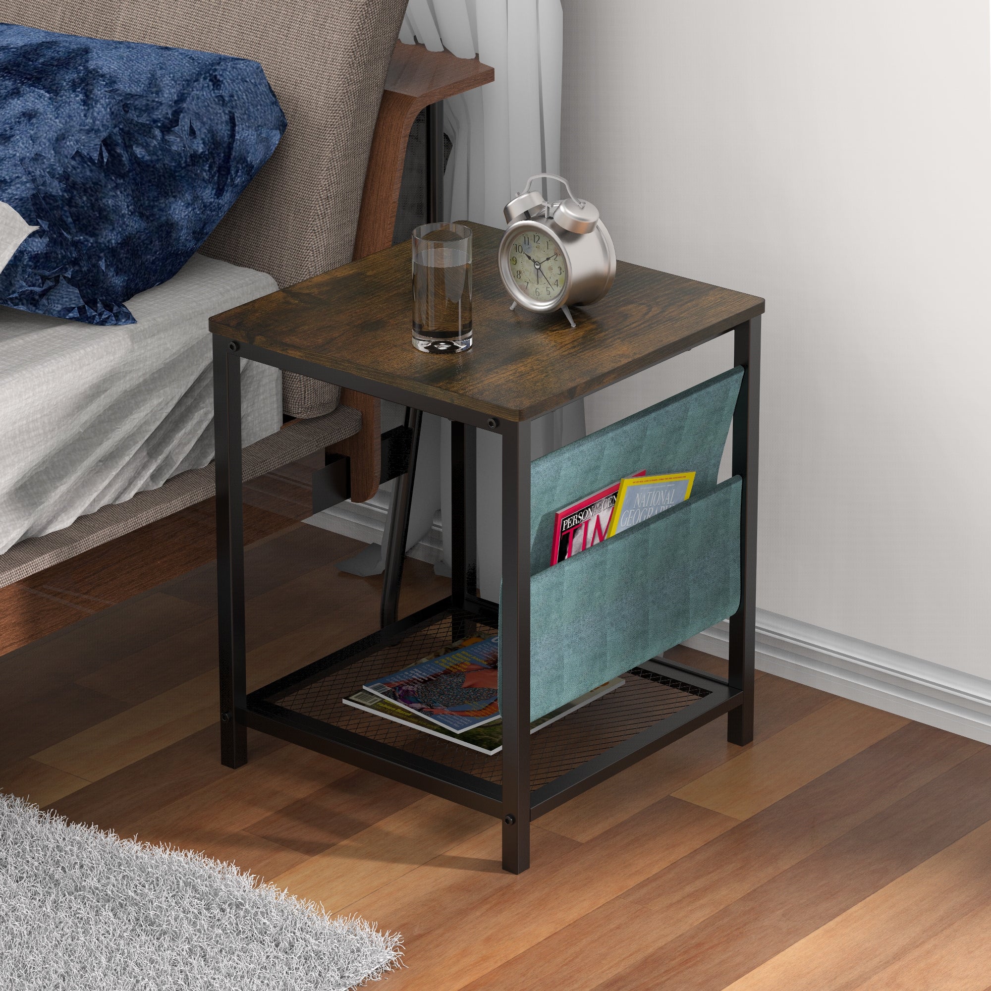 Side Table with Storage Bag， Square End Table with Grid storage rack， Sofa Table for Living Room， Bedroom， Small Spaces