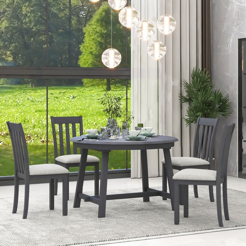 5 Piece Wooden Dining Table Set  Round Extendable Dining Table with 4 Dining Chairs