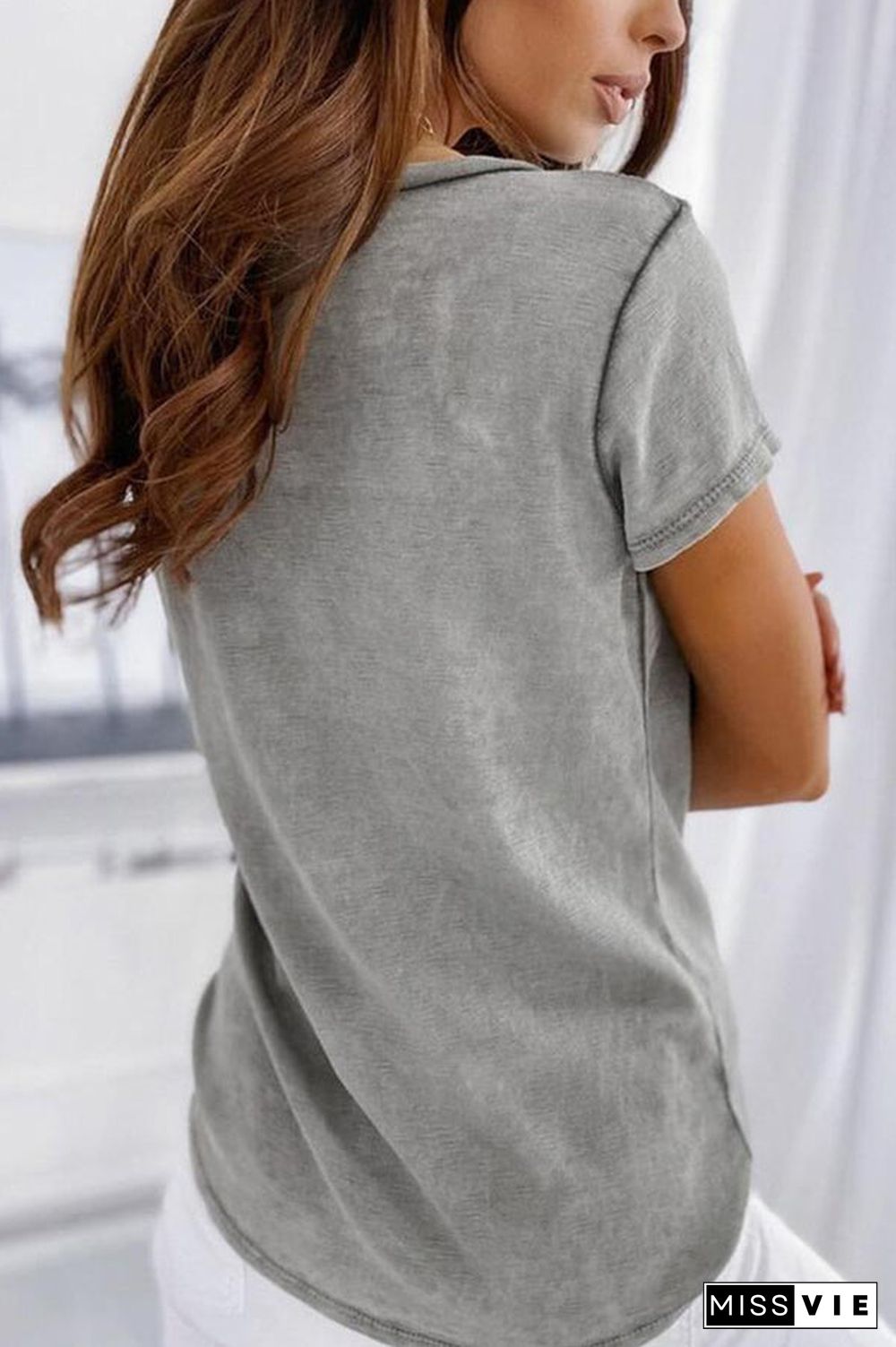 V Neck Button Pockets T Shirt