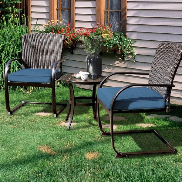 3 Piece CSpring Bistro Set，Outdoor Patio Rocking Wicker Chairs with Cushions and Small Coffee Table，for Porch，Garden