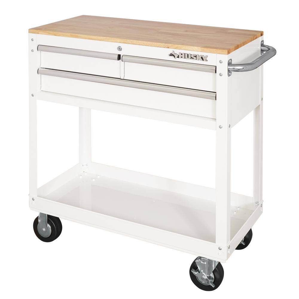 Husky 36 in. 3-Drawer with Solid Wood Top in Gloss White Utility Cart HOUC3603BJ1