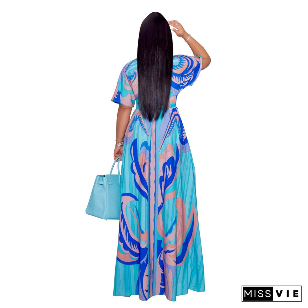 V Neck Print Holiday A-line Short Sleeve Maxi Dresses