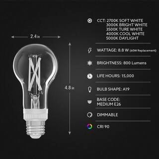 EcoSmart 60-Watt Equivalent A19 Dimmable White Filament CEC Clear Glass LED Light Bulb Adjustable White (1-Bulb) A19605CCTCAWFILECP