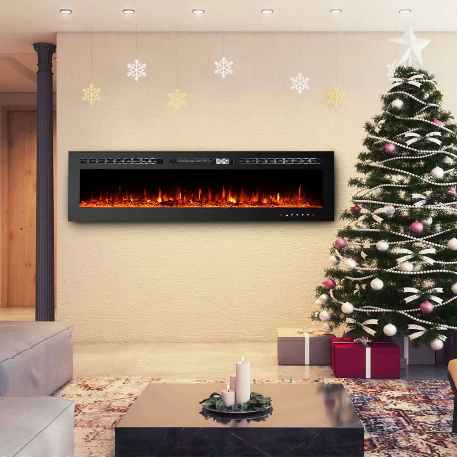 Yoleny 70 inch Electric Fireplace with Free Standing,Wall Mounted Fireplace Insert Heater, Recessed Electric Fireplace, 9 Color LED Flamer, 750/1500W