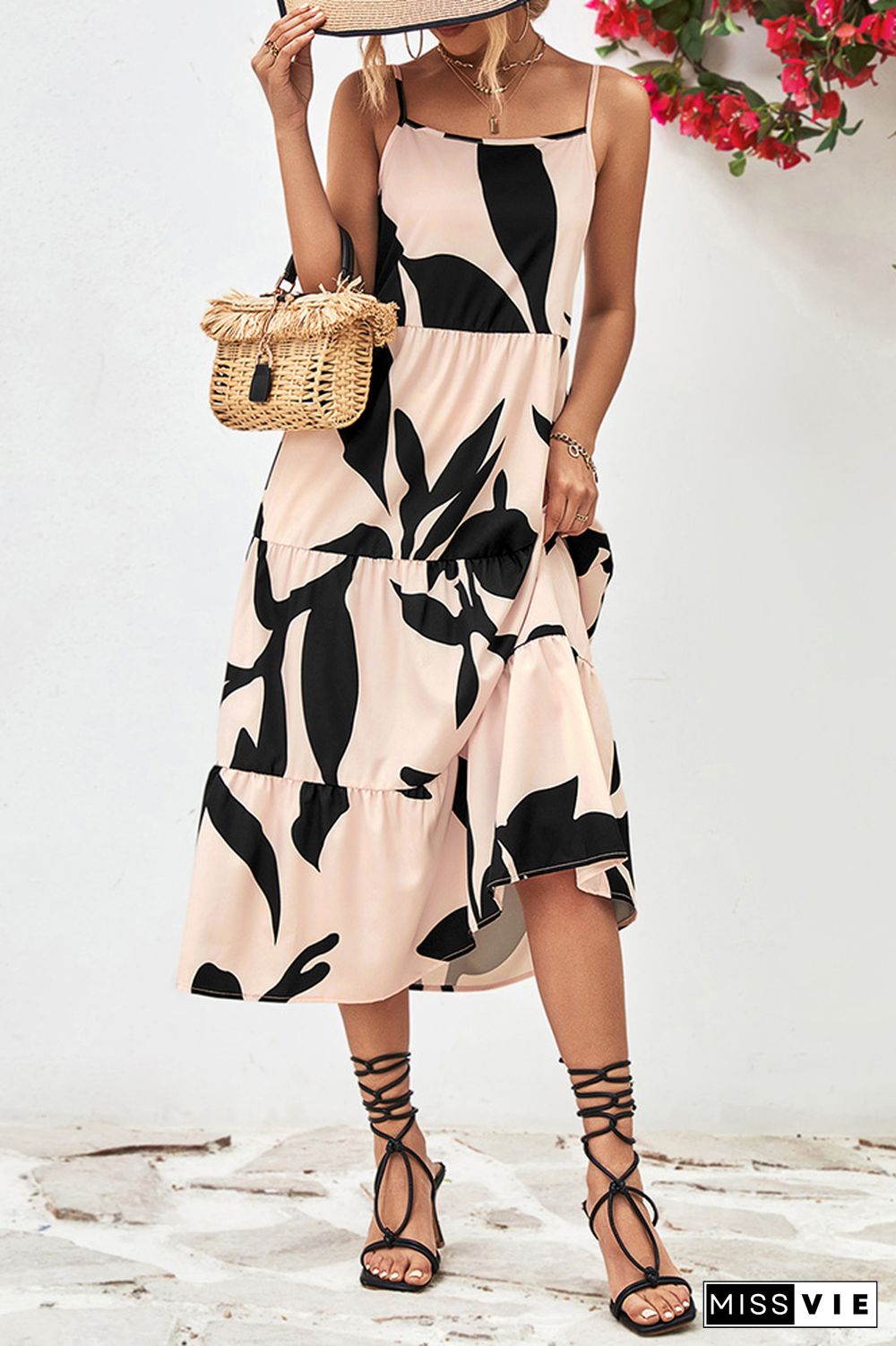 Printed Spaghetti Strap Tiered Maxi Dress