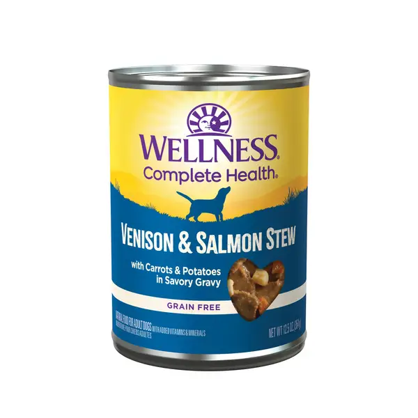 Wellness 12.5 oz Venison and Salmon Stew Thick and Chunky Natural Grain Free Canned Dog Food