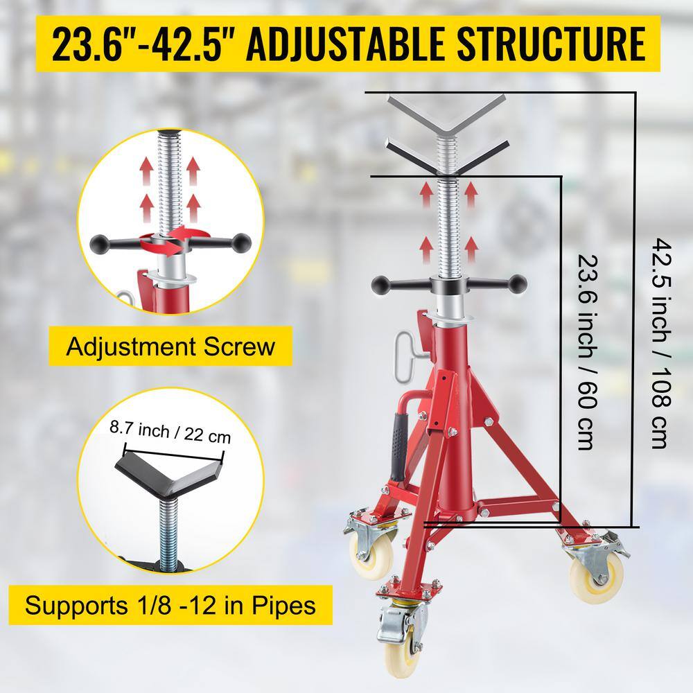 VEVOR Pipe Jack Stand wCasters 882 lbs. V Head Pipe Stand Adjustable Height 23.6 in. 42.5 in. Folding Pipe Stands 18-12 in. GJGJXDL1107BVAEUYV0