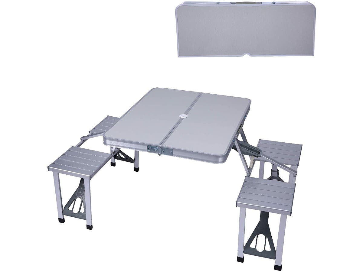 Folding Camping Table Chair Set - Silver, Aluminum Suitcase Portable Camping Picnic Table with 4 Seats, Umbrella Hole for Party, BBQ, Beach, 34.5 x 4.6 in