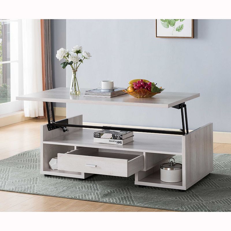 FC Design  3-Shelf White Oak Coffee Table with Pull Up Top and Center Drawer