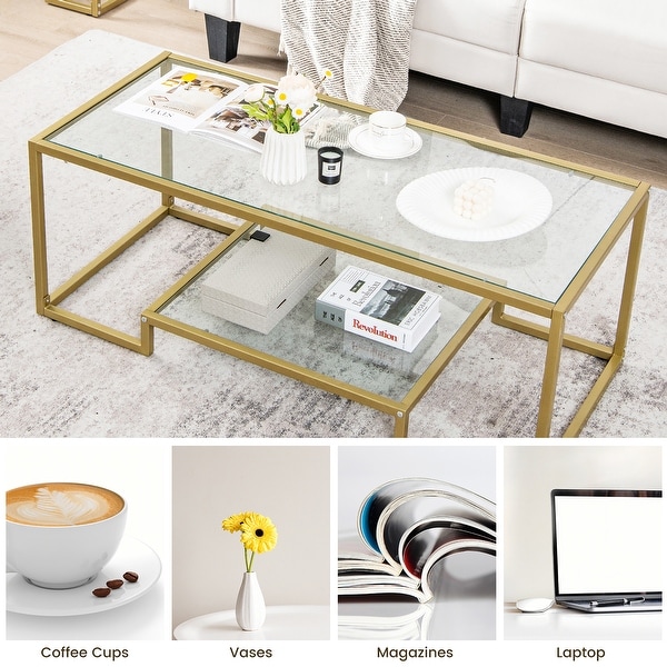 Costway 45'' Coffee Table Rectangular Tempered Glass Accent Table W/ - See Details