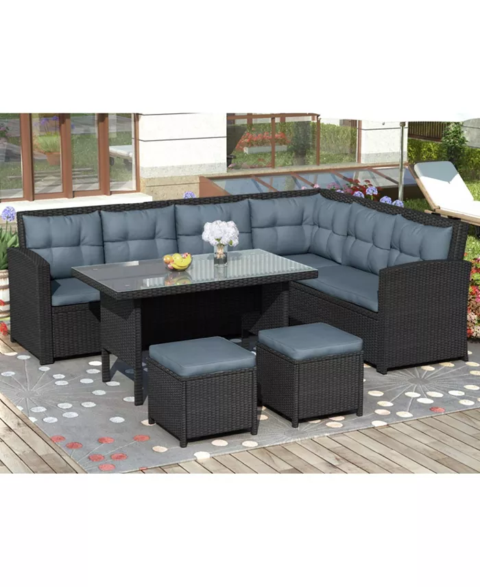 Simplie Fun 6-Piece Patio Furniture Set Outdoor Sectional Sofa with Glass Table Ottomans for Pool Backyard Lawn (Black)