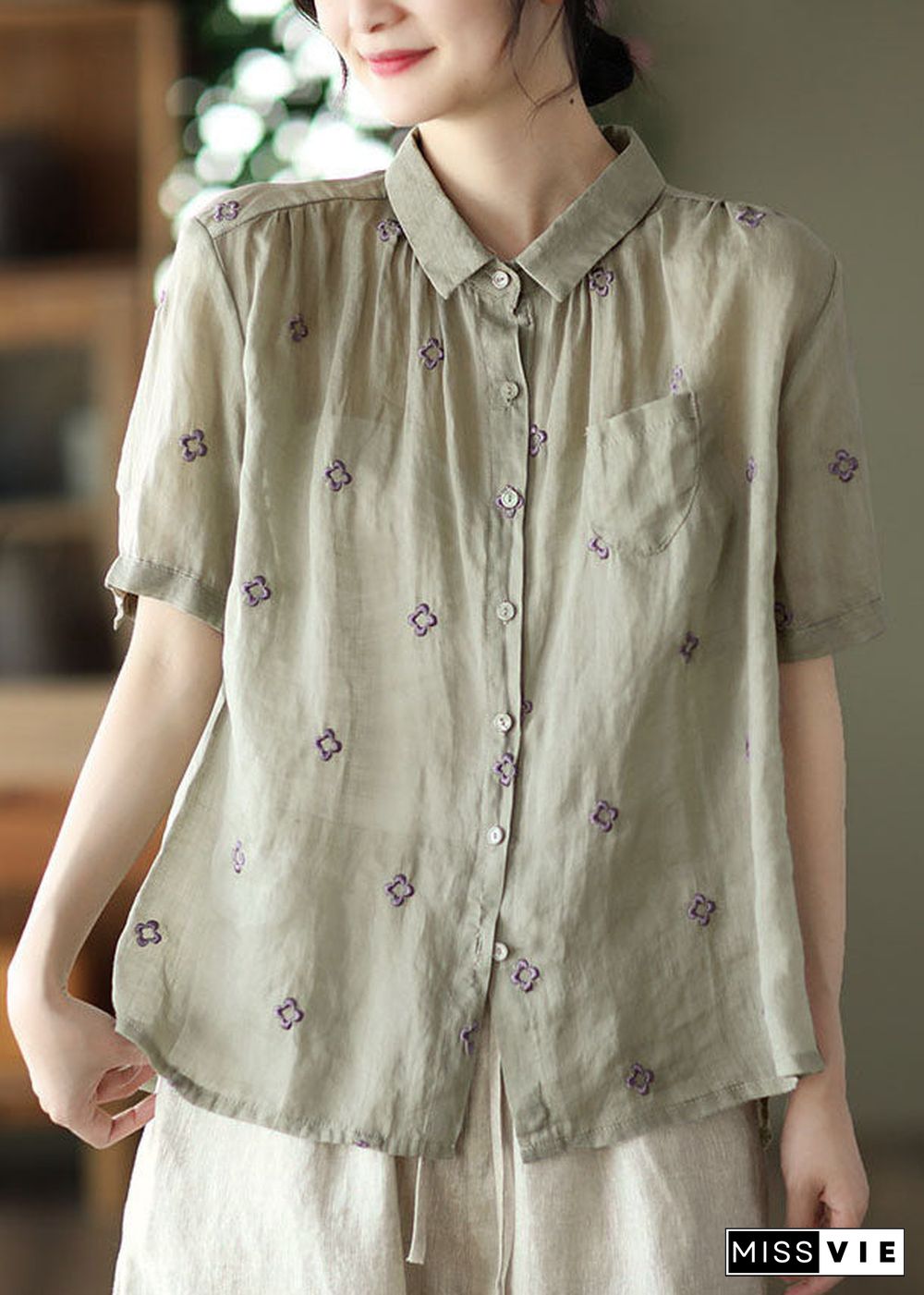 Vintage Grey Green Embroideried Linen Shirt Top Short Sleeve