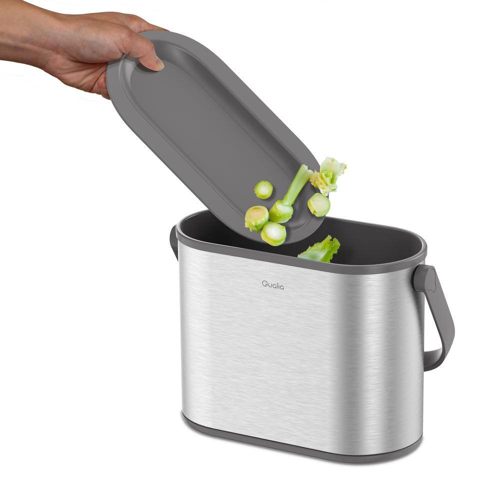 Qualia 1 Gal. Stainless Steel Slim Multi-Purpose Countertop Compost Trash Can with Gray Lid TC10005