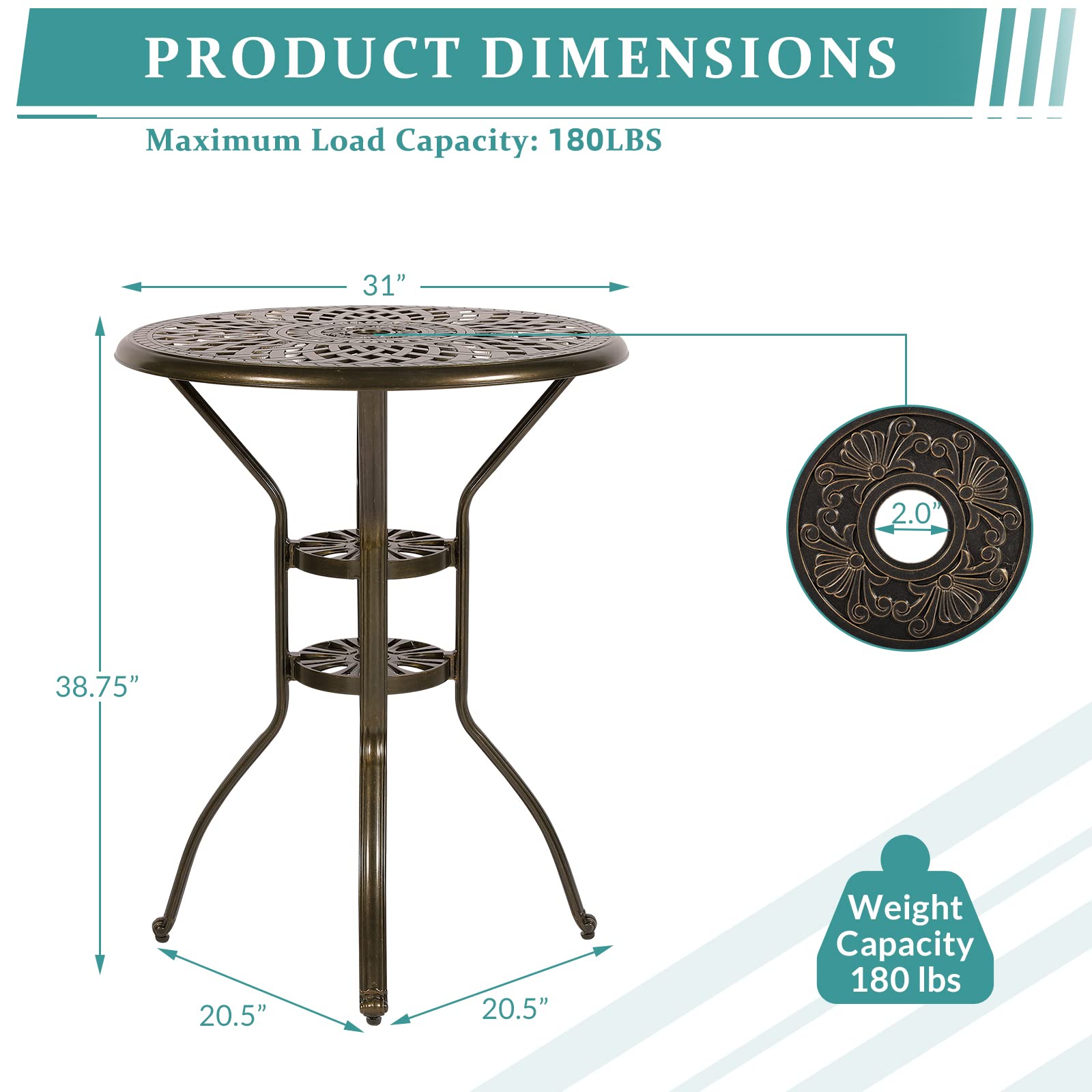 MEETWARM Patio Height Bar Table, 31" Bar Height Bistro Table, Outdoor Cast Aluminum Bistro Round High Top Dining Table with 2" Umbrella Hole for Garden Deck Backyard, Dark Bronze