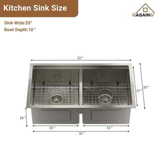 CASAINC Stainless Steel Sink 33 in. 16-Gauge Double Bowl Undermount Workstation Kitchen Sink in Brushed with Accessories CA-3319UT-BS