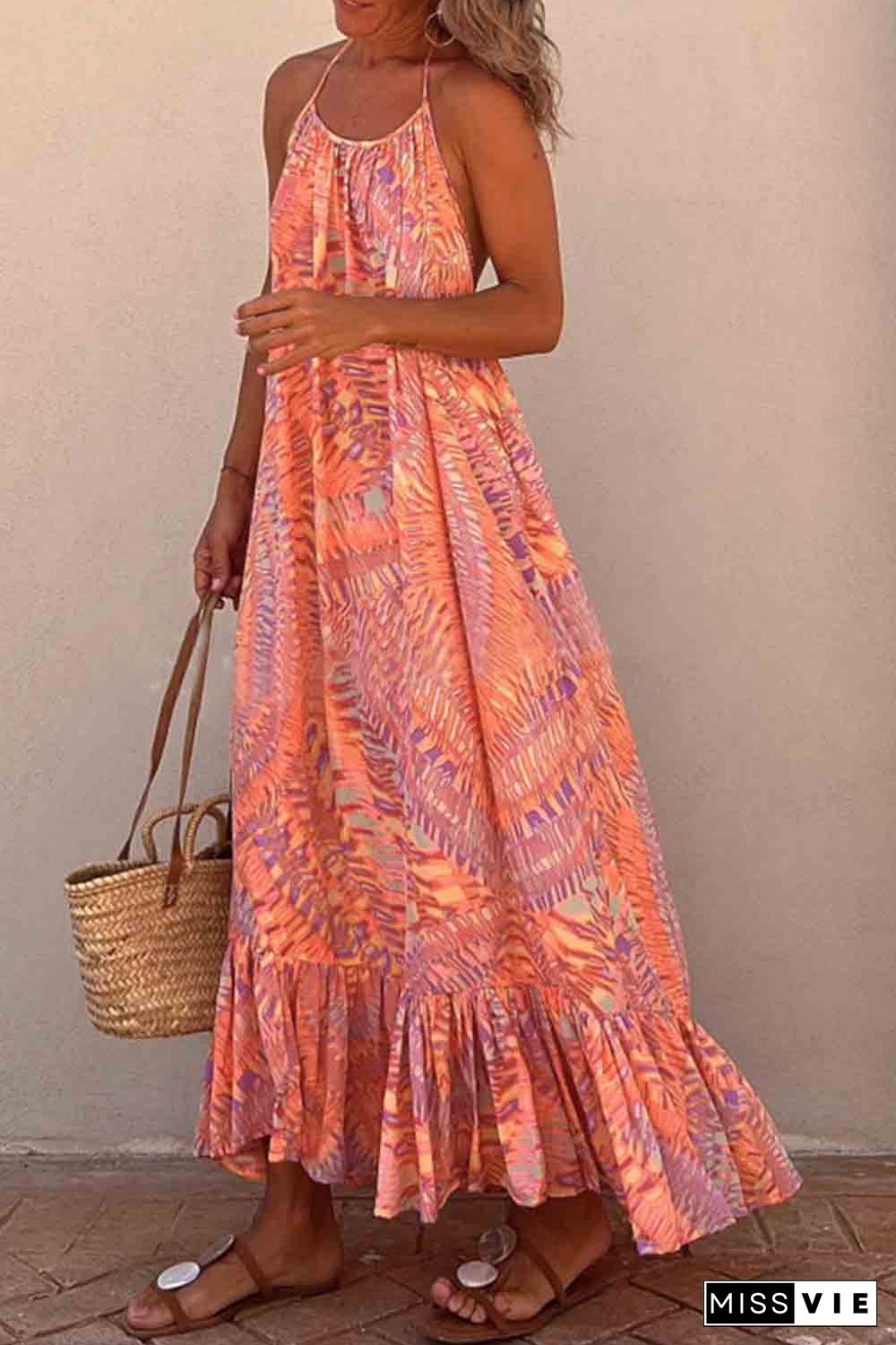 Orange Geometric Print Tassel Tie Halterneck Maxi Dress