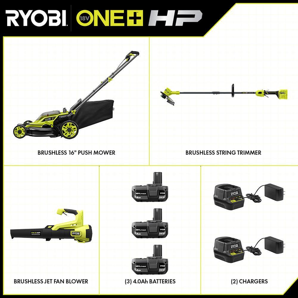 RYOBI ONE HP 18V Brushless Cordless Battery Walk Behind Push Lawn MowerTrimmerBlower with