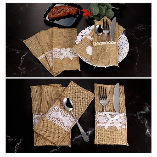 10Pcs Burlap Lace Utensil Holder Knife Forks Bag Cutlery Pouch for Wedding Decor - Light Brown