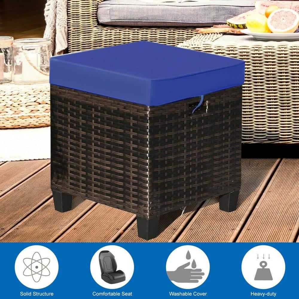 ANGELES HOME Brown PE Wicker Metal Frame Outdoor Ottoman with Navy Cushion