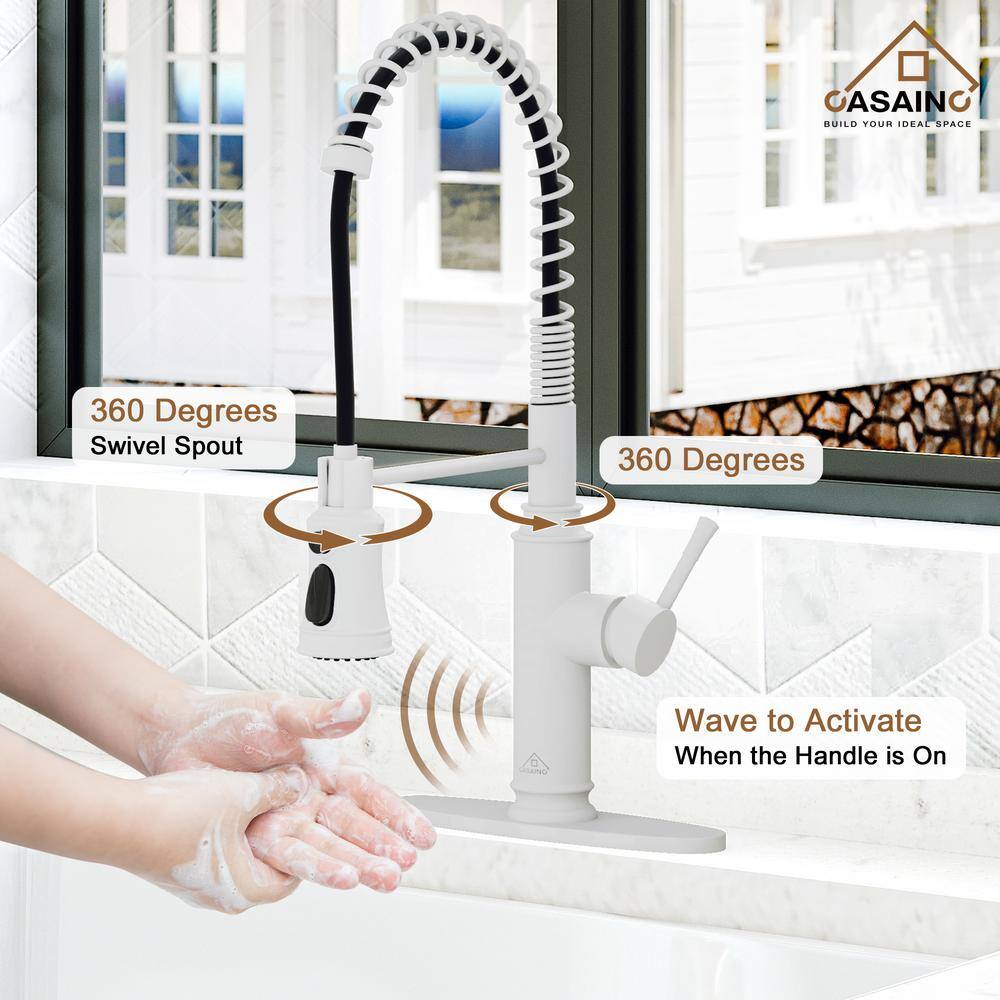 CASAINC Single Handle Spring Pull Down Sprayer Kitchen Faucet with Infrared Induction Function and Deck Plate in Matte White CA-W3052-MW