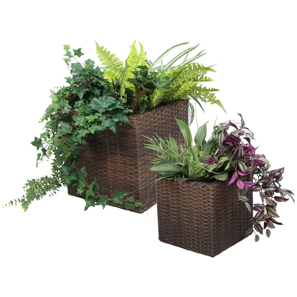 Sunnydaze Square Polyrattan Indoor Planters   1 Large/1 Small Planter